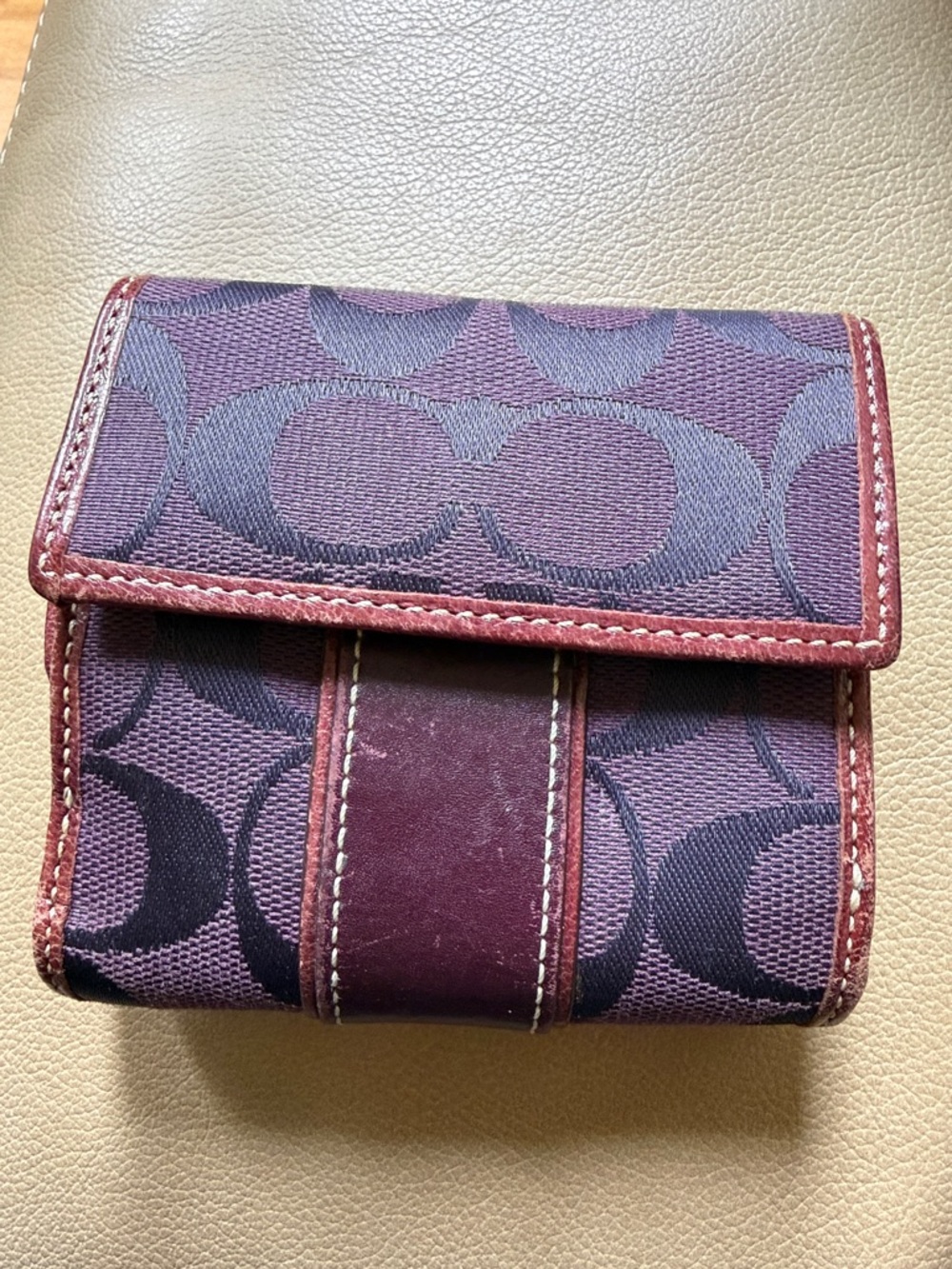 Coach Plum Signature Canvas Tri-Fold Wallet